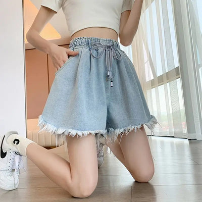 Korean Simplicity High Waist Wide Leg Denim Shorts Fashion Women's Clothing Summer Female All-match Loose Drawstring Shorts