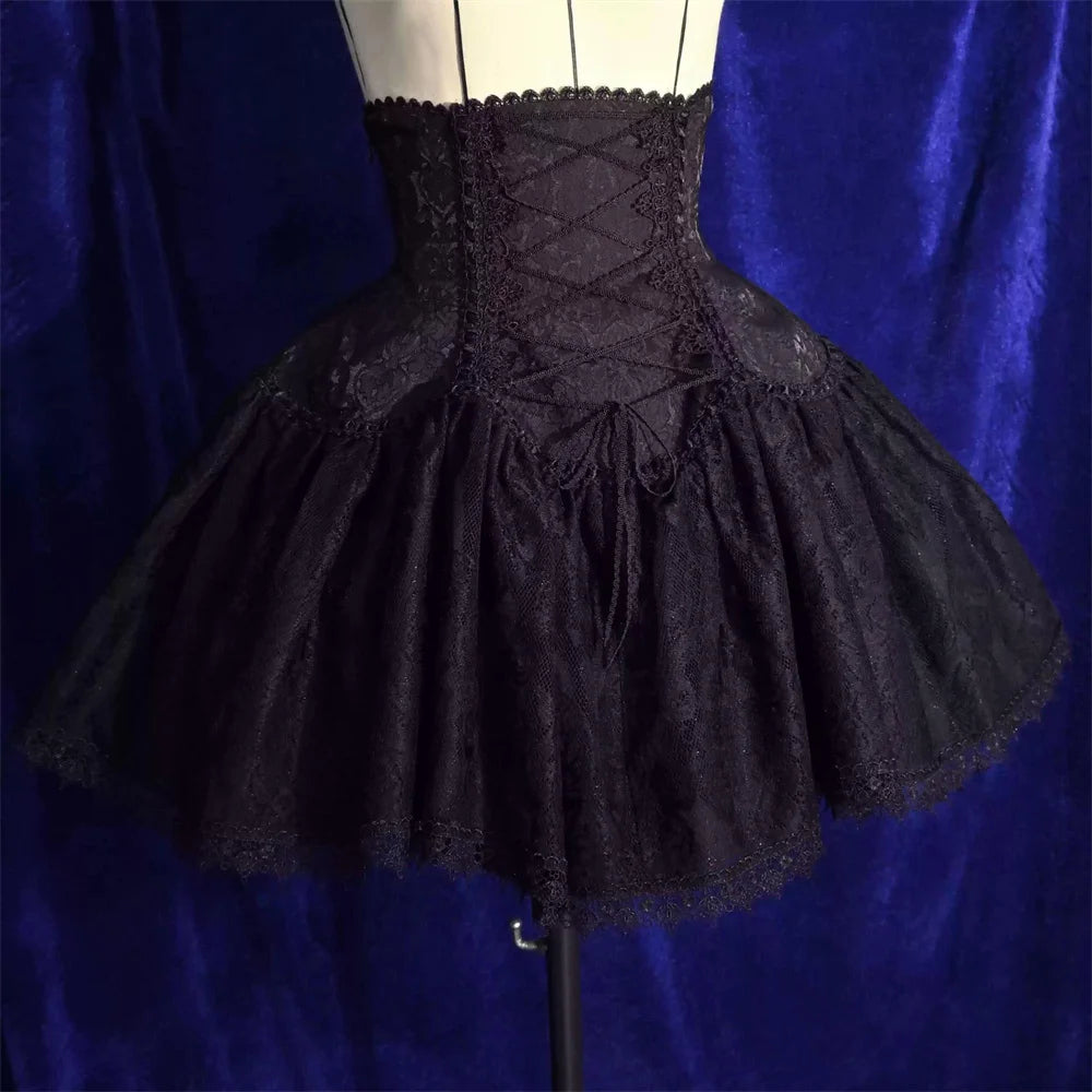 2025 Lolita Subculture Black White Short SK Lace Skirt High Waist Lace Up Girls Birthday Gothic Victorian Cosplay Party Skirts