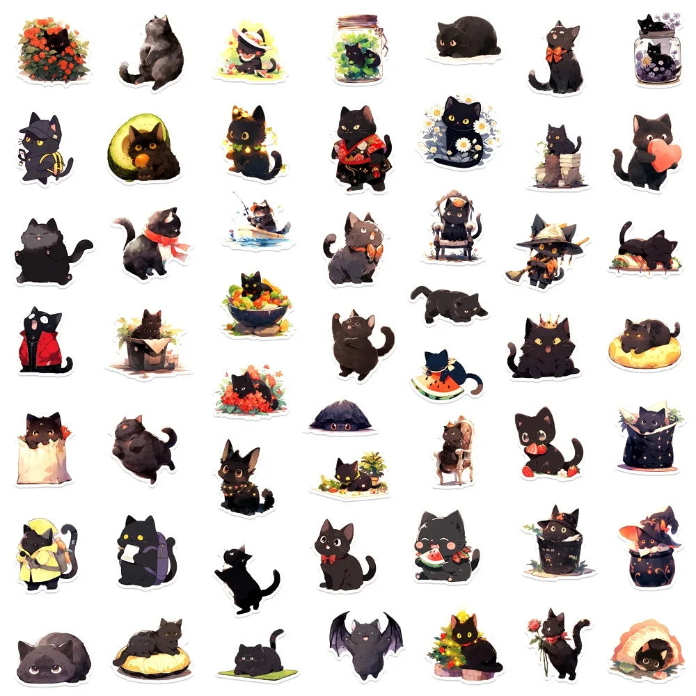 50/100pcs Cute Black Cat Stickers Laptop Phone Case Notebook Scrapbooking Car Vinyl Waterproof Cartoon Cats Decal Kids Gift Toy
