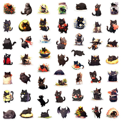 50/100pcs Cute Black Cat Stickers Laptop Phone Case Notebook Scrapbooking Car Vinyl Waterproof Cartoon Cats Decal Kids Gift Toy