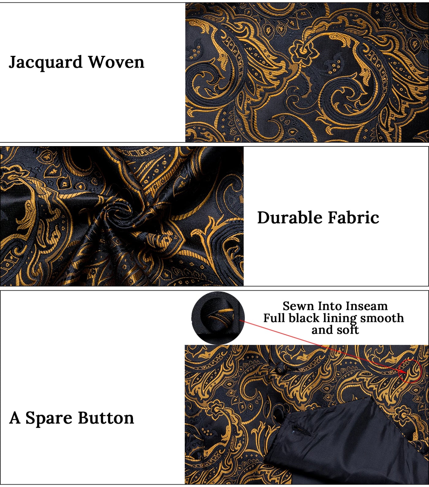 Luxury Golden Color Black Paisley Men's Suit Vest with Pre-tied Bow Tie Pocket Square Cufflinks Wedding Tuxedo Suits Waistcoat