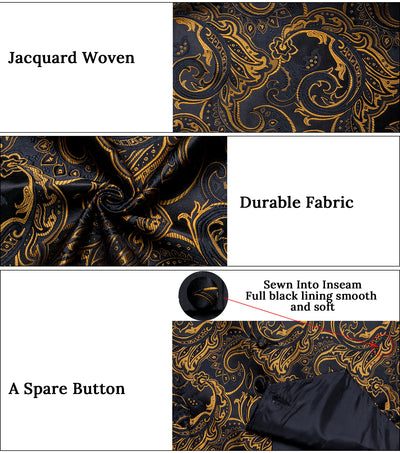 Luxury Golden Color Black Paisley Men's Suit Vest with Pre-tied Bow Tie Pocket Square Cufflinks Wedding Tuxedo Suits Waistcoat