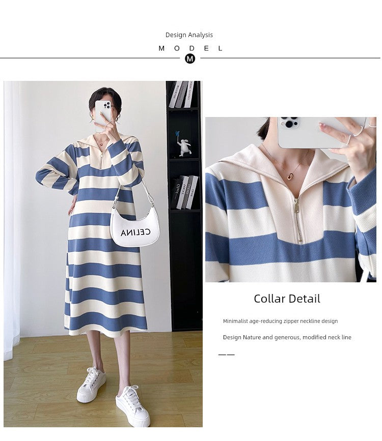 2025 Spring Clothing New Arrival K-style Plus Size Maternity Stripes Dress Fashionable Mom Pullover Sweatshirt Lapel Long Skirt