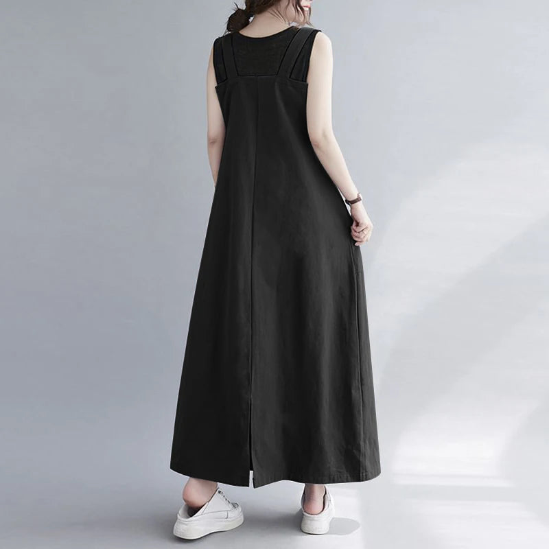 Women Sleeveless Maxi Dress Fashion Workwear Pockets Vestidos 2023 Summer Adjustable Shoulder Straps Dresses Streetwear
