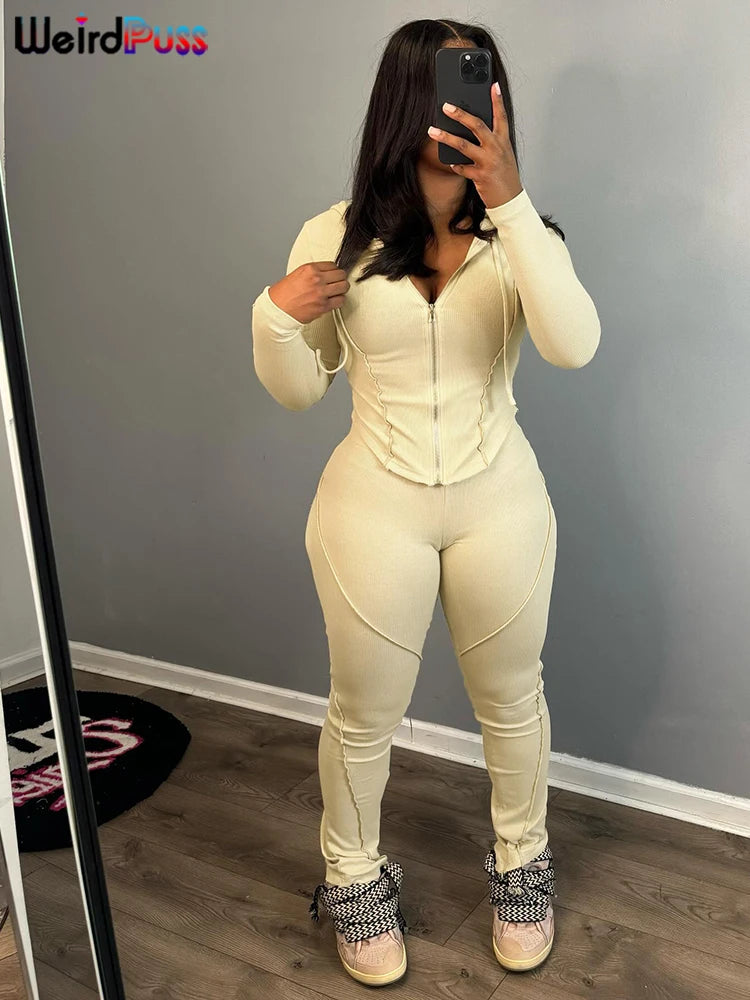 Weird Puss Sporty Stretch Women Tracksuit 2Piece Set Full Sleeve Patchwork Hooded Zip Jacket+Pants Matching Casual Street Suits