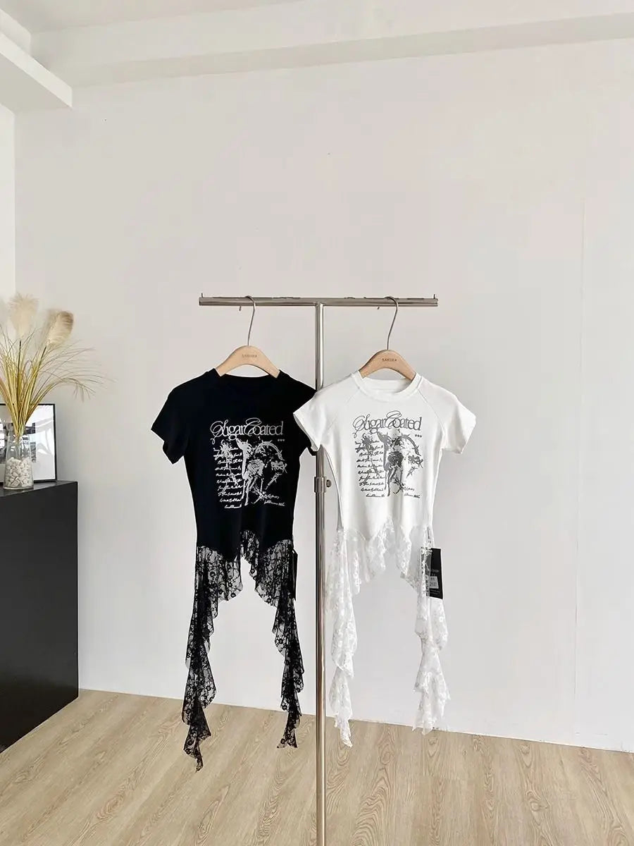 Y2K Brand Cute Deer Graphic Crop Top White Lace Ruffles Tassels Skirt T-shirts Punk Hip Hop E-girl Sexy Club Summer Tees Casual