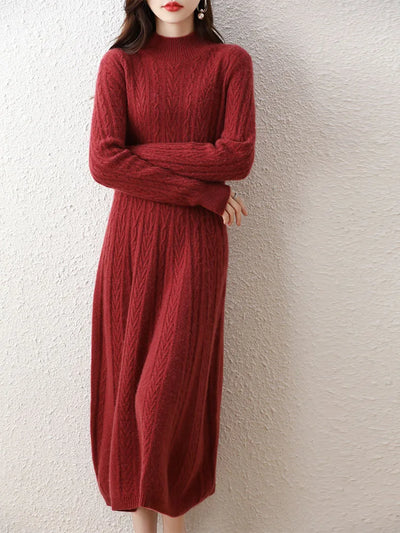 Elegant Fashion Dresses Cashmere Sweater Knitted Long Dress 100% Merino Wool Women Turtleneck Office Skirt Autumn Winter Clothes