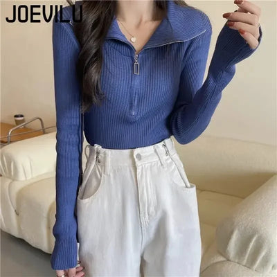 Zip Half Open Collar Knitted Sweater Spring and Autumn Long Sleeve Slim Bottom Shirt Women's Chic Top Pullover Y2k Korean Pulls