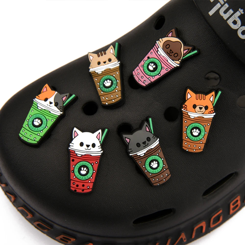 1pc Cute Cartoon Cat Coffee Cup PVC Shoe Charms Buckle Clogs Accessories for Girls Sandals Decoration Kids Gift