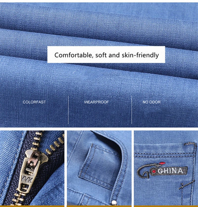 Spring/summer Thin Denim Straight Cotton Stretch Jeans Men Business Casual Cloth High Waist Ice Silk Lightweight Trousers