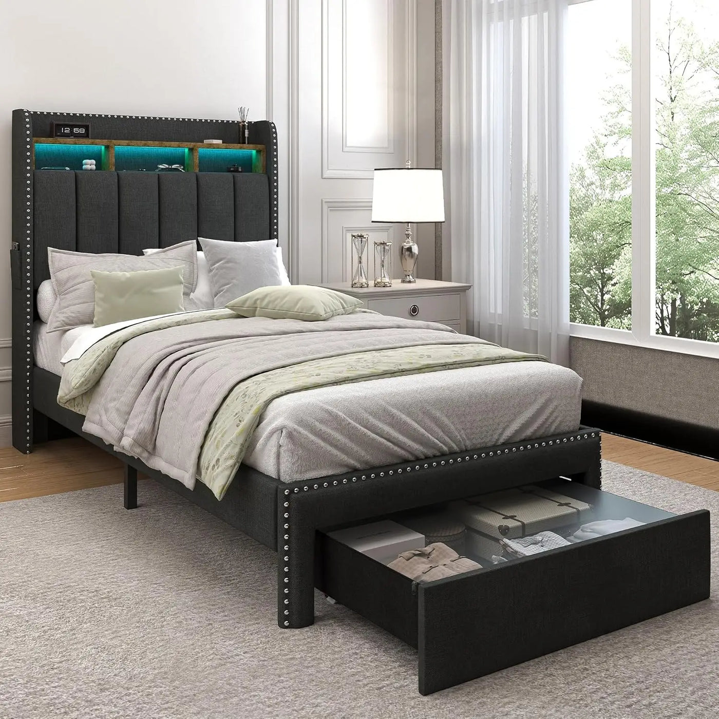 Queen LED Bed Frame with 2 Drawers, Modern Platform Beds with 2 Tier Linen Upholstered Storage Wingback Headboard, Channel
