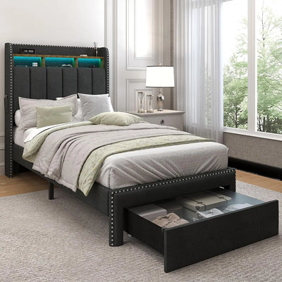 Queen LED Bed Frame with 2 Drawers, Modern Platform Beds with 2 Tier Linen Upholstered Storage Wingback Headboard, Channel