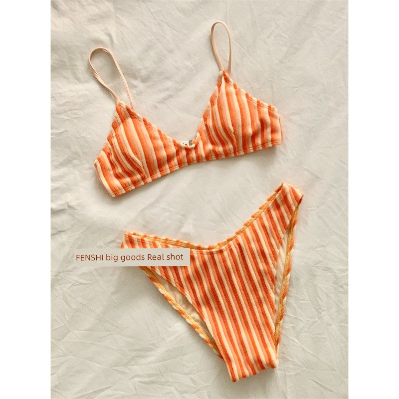 European and American Gyaru Orange Stripe Towel Cloth Sexy Pure Desire Bikinis Women Thailand Vacation Seaside Swimsuit Hot Spring