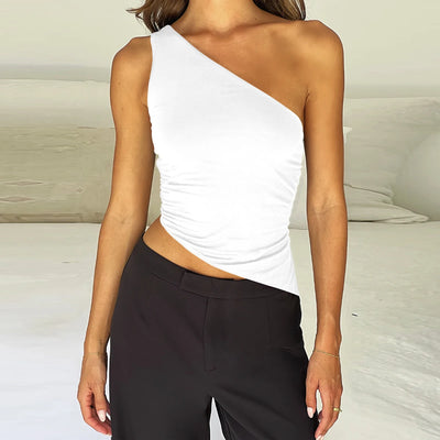 Women's Sexy Diagonal Shoulder Strap Sleeveless Backless Tight Top Seaside Nightclub Party 2024 New Model