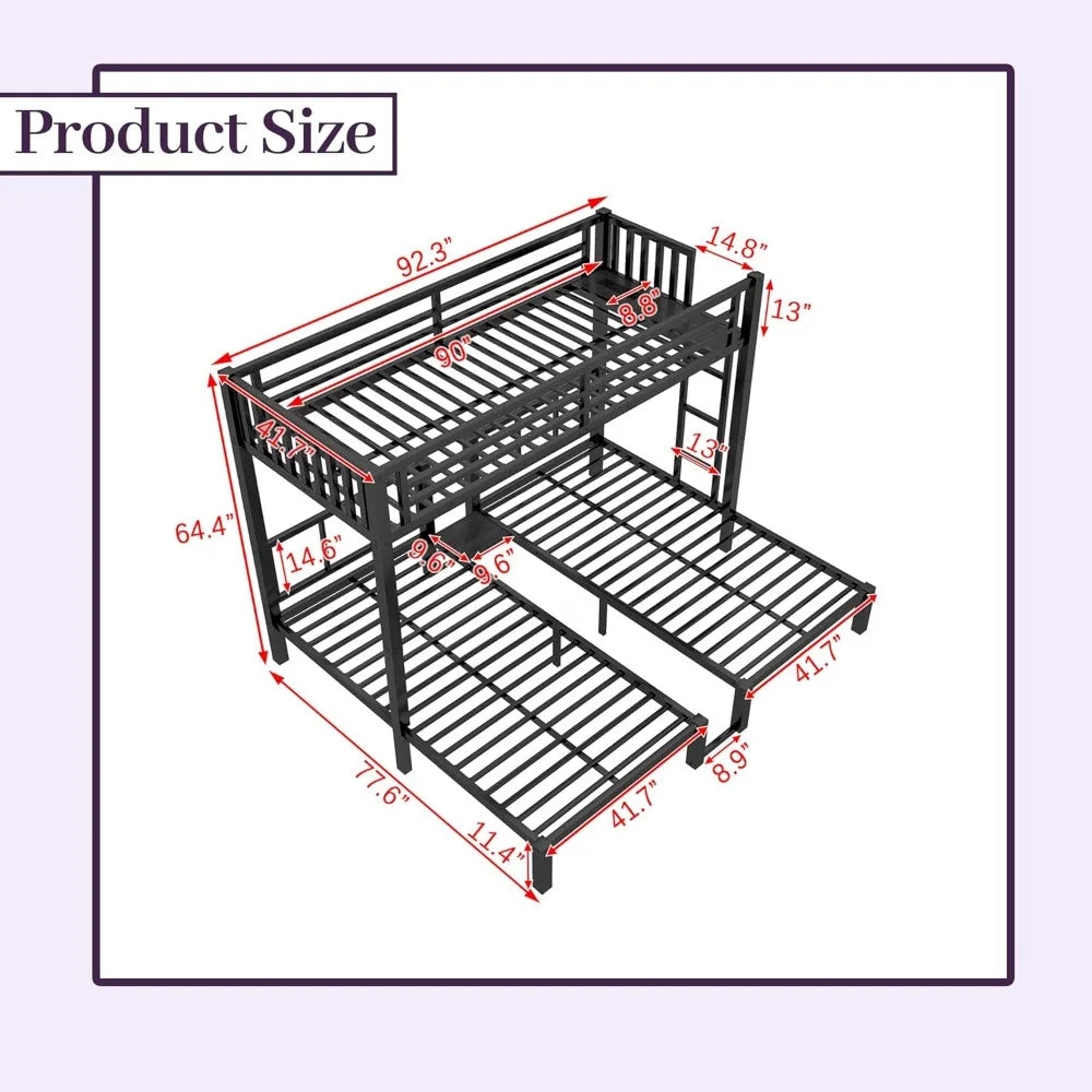 Triple Bunk Bed with LED Lights,Metal Bunk Beds Convertible to 3 Beds with Charging Station,Heavy Duty Bunk Bed Frame