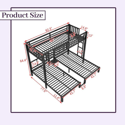 Triple Bunk Bed with LED Lights,Metal Bunk Beds Convertible to 3 Beds with Charging Station,Heavy Duty Bunk Bed Frame