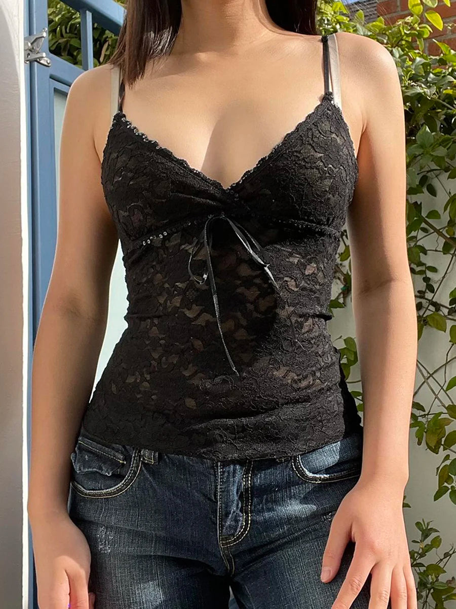 Black See Through Lace Cami Crop Top