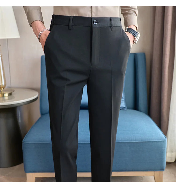 High End Elastic Waistband Suit Pants for Men Embroidered Business Casual Pants Solid Colror Versatile Social Office Trousers
