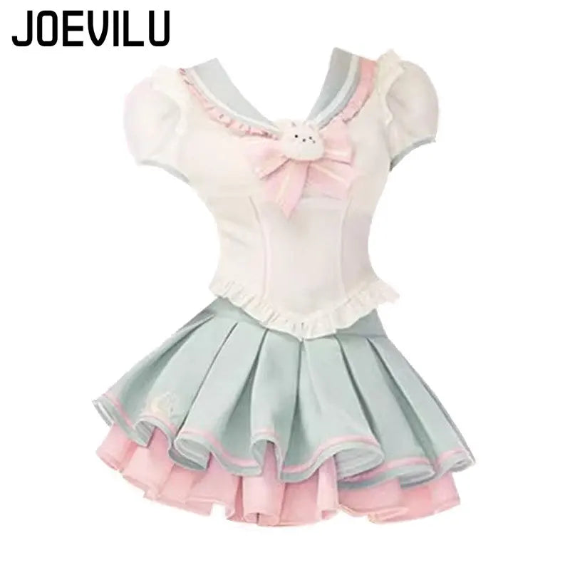Y2k Sweet Style Skirt Set Bow Tie Peter Pan Collar Top High-Waist Puffy Skirt 2 Piece Set Summer Preppy JK Sailor Uniform Outfit
