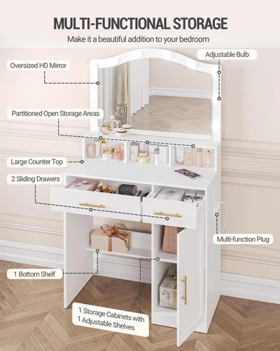 Hzuaneri Dressing Table, HD Large Mirror, 3 Colored Adjustable LED Lights, with Charging Station 2 AC Sockets and 2 USB Ports