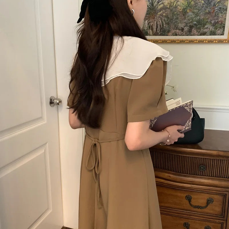 Women Summer Vintage Long Wrapped Dress 2024 New Female Double Layer Ruffled Collar Lacing Up Slim Waist Sundress