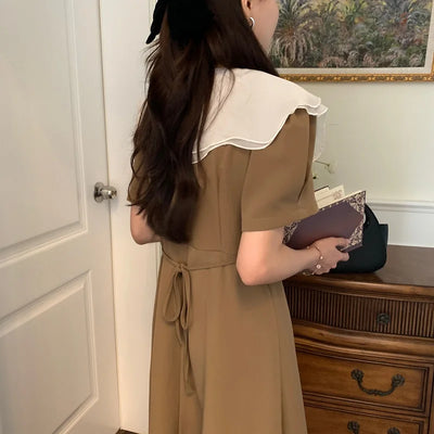 Women Summer Vintage Long Wrapped Dress 2024 New Female Double Layer Ruffled Collar Lacing Up Slim Waist Sundress