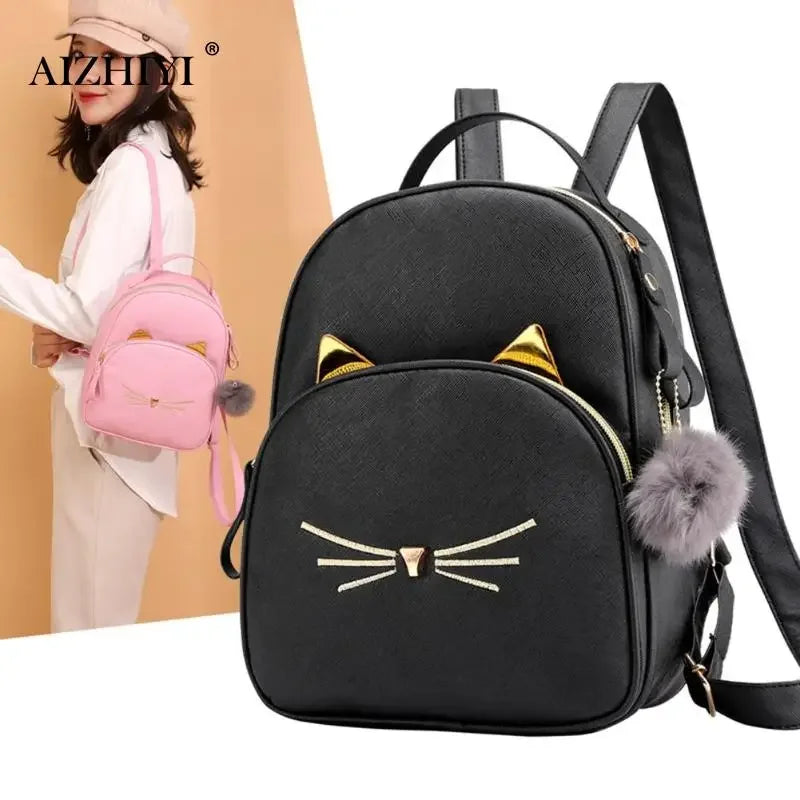 Travel Backpack Women Rucksack Teenagers 2023 Student School Bags for Girls Cartoon Cat PU Leather Satchel Black Shoulder Bag