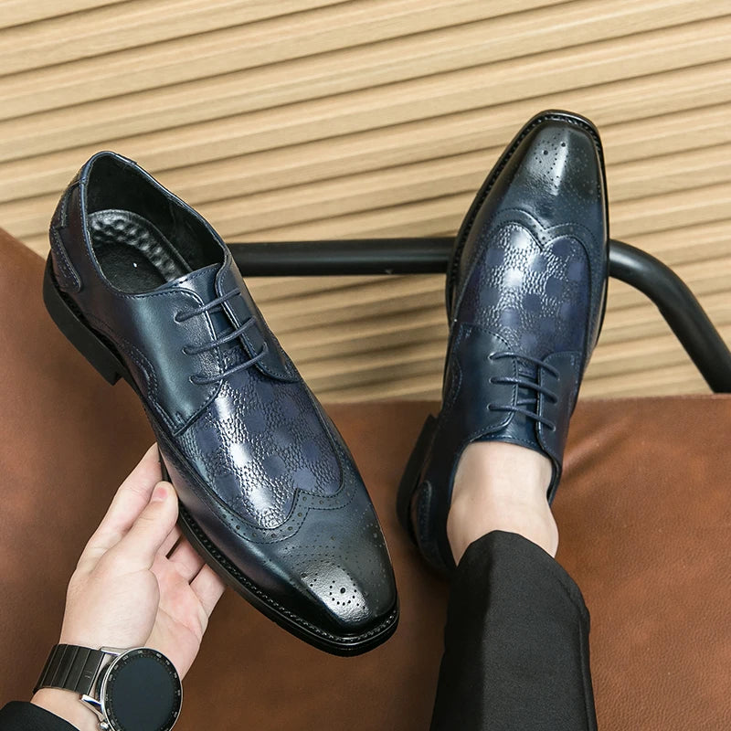 High End Brand Interview Office Business Shoes British Style Blue Brogue Shoes Massage Soles Men's Wedding Square Toe Shoes