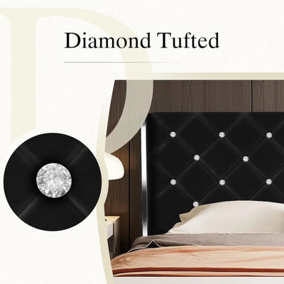 Queen Bed Frame with Headboard, Velvet Upholstered Bed with Wingback and Diamond Tufted Design, Wood Slat Support, No Box