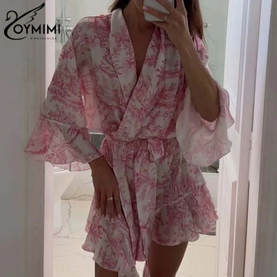 Oymimi Fashion Pink Print Women's Dress Elegant Three Quarter Sleeve Lace-Up Dresses Casual New Pleated Mini Dresses Streetwear