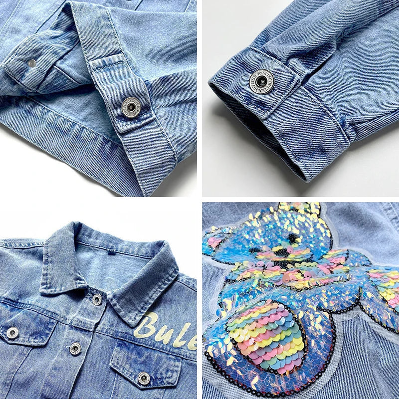 3 4 6 8 10 12 Years Teen Girls Denim Jacket Spring New Fashion Bear Sequin Cowboy Coats For Girls Children Outwear Birthday Gift