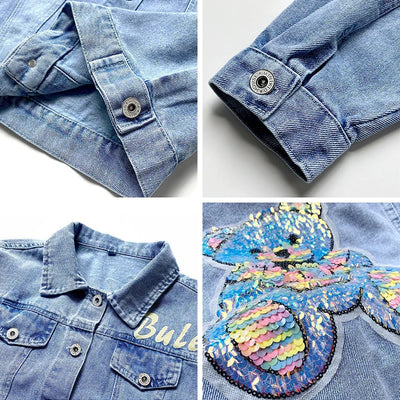 3 4 6 8 10 12 Years Teen Girls Denim Jacket Spring New Fashion Bear Sequin Cowboy Coats For Girls Children Outwear Birthday Gift