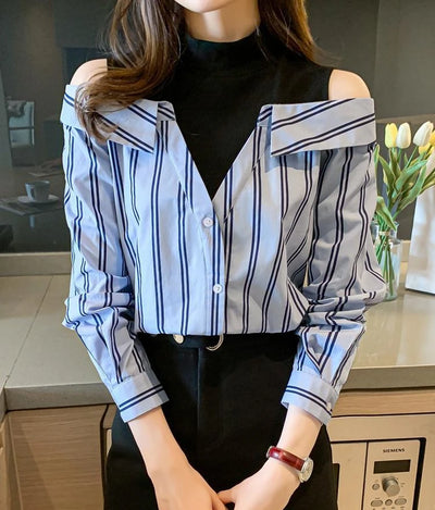 Fake Two Pieces Chiffon Silk Blouse for Women Off Shoulder Top Cool Blue Stripe Cotton Satin Shirt Woman Particular Trends Youth