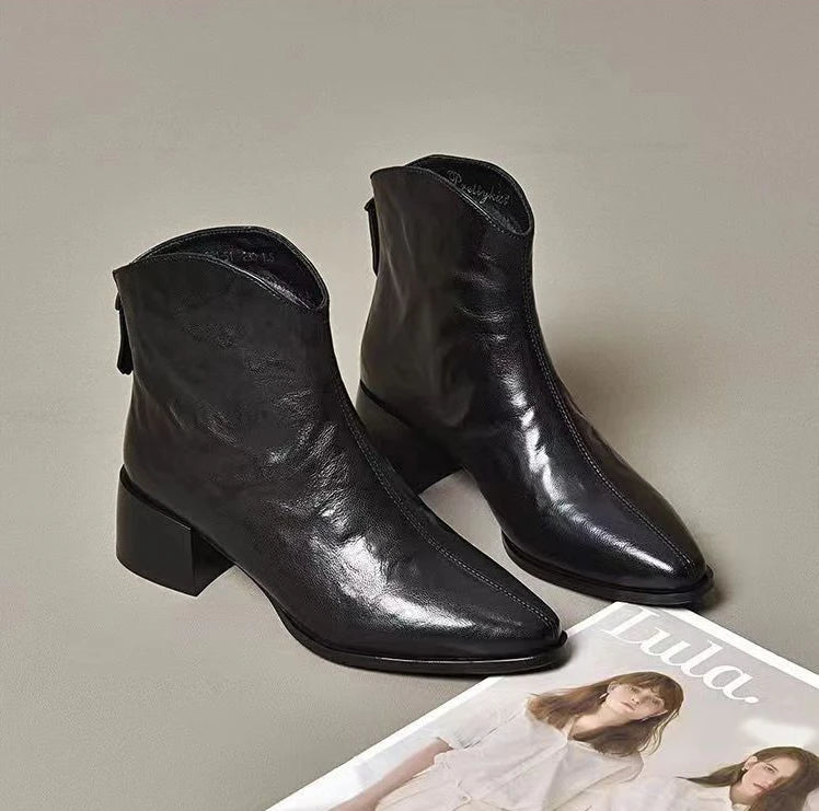 Female Short Shoes Pointed Toe Brown Fur Leather Booties Elegant with Medium Heels Women's Ankle Boots Sale Y2k Autumn Chic Boot