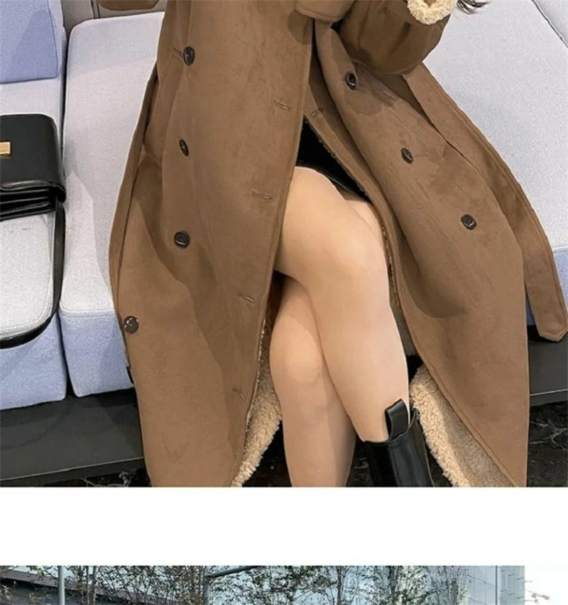 2024 Autumn Winter New Medium Long Double-breasted Lambswool Suede Woolen Coat Women Add Velvet Padded Warm Fur One Woolen Coats