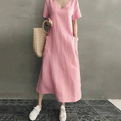 2024 Summer Dresses Qutfits Causal Dress Short Sleeved Cotton Linen V Neck Dress With Pocket Loose Comfy Dresses Vestidos
