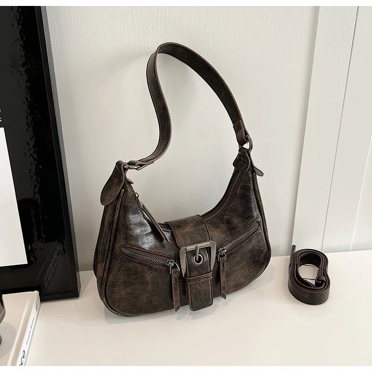 Retro Belt Design PU Leather Shoulder Bags for Women 2024 Y2K Small Vintage Female Underarm Crossbody Bag Fashion Handbags