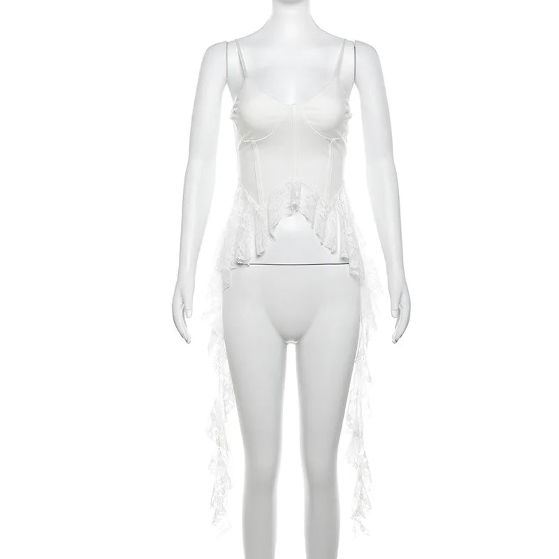2025 Y2k Aesthetic Irregular Lace Ruffled Tank Top Women Sexy Skinny Design Corset Stretch Tube Streetwear Bandage Grunge Tanks