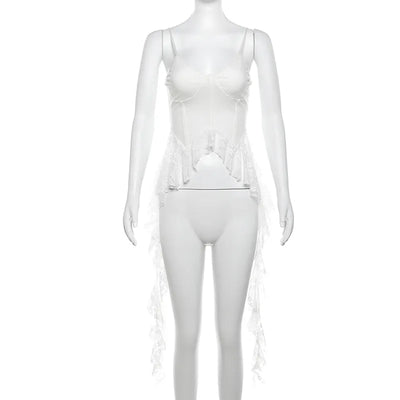 2025 Y2k Aesthetic Irregular Lace Ruffled Tank Top Women Sexy Skinny Design Corset Stretch Tube Streetwear Bandage Grunge Tanks