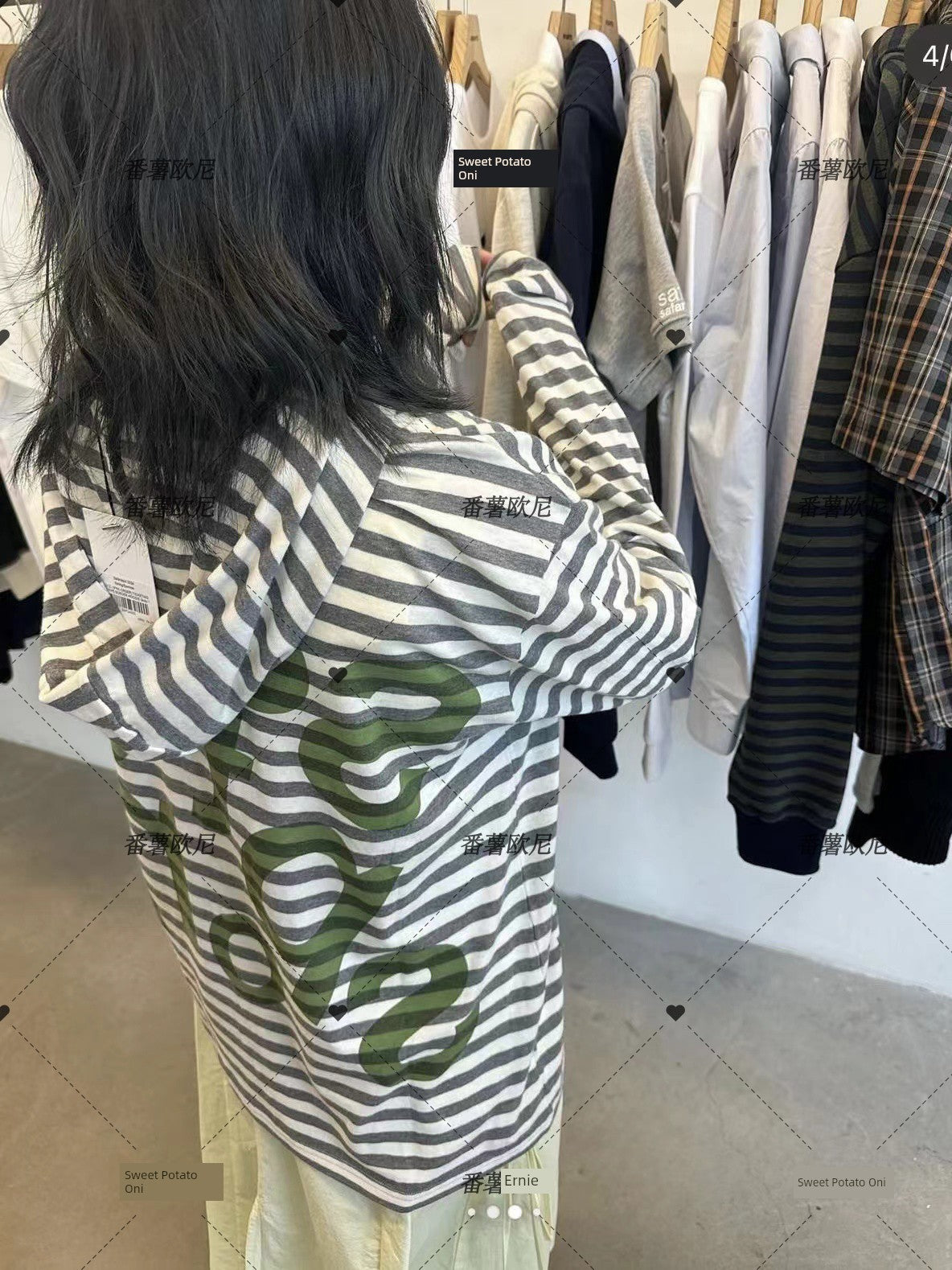 Sweet Potato Oni Homemade 2024 Spring Niche Style Safari Stripes Hooded Letter-Print Y2g Loose Long Sleeves