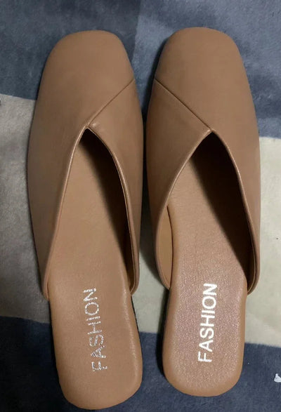 Women Mules 2024 Summer Elegant Square Closed Toe Flat Slippers Female Shoes Casual Leather Black White Slides Plus Size 35-43