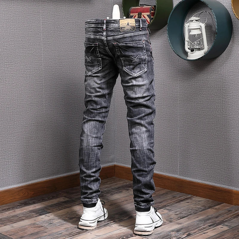 Retro Black Gray Slim Fit Ripped Jeans
