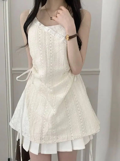 Hot Girl Korean Style Drawstring Lace-up Waist Lace Short Suspender Dresses + White Inner Wear Bottoming Sling Top Two-piece Set