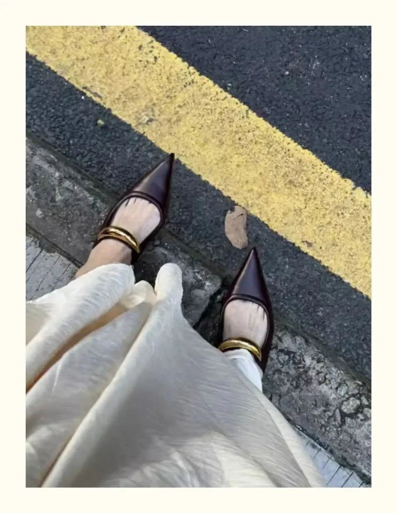Chunky Pointed Toe Slippers Women Metal Buckle Retro Slides Female Comfy Fashion Low Heel Sandals Designer Mules Pumps Women