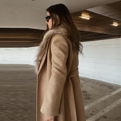 Elegant Fur Lapel Long Coat Women With Belt Woolen Full Sleeve Lace Up Loose Thicken Overcoat 2025 Spring Solid Pocket Outwear
