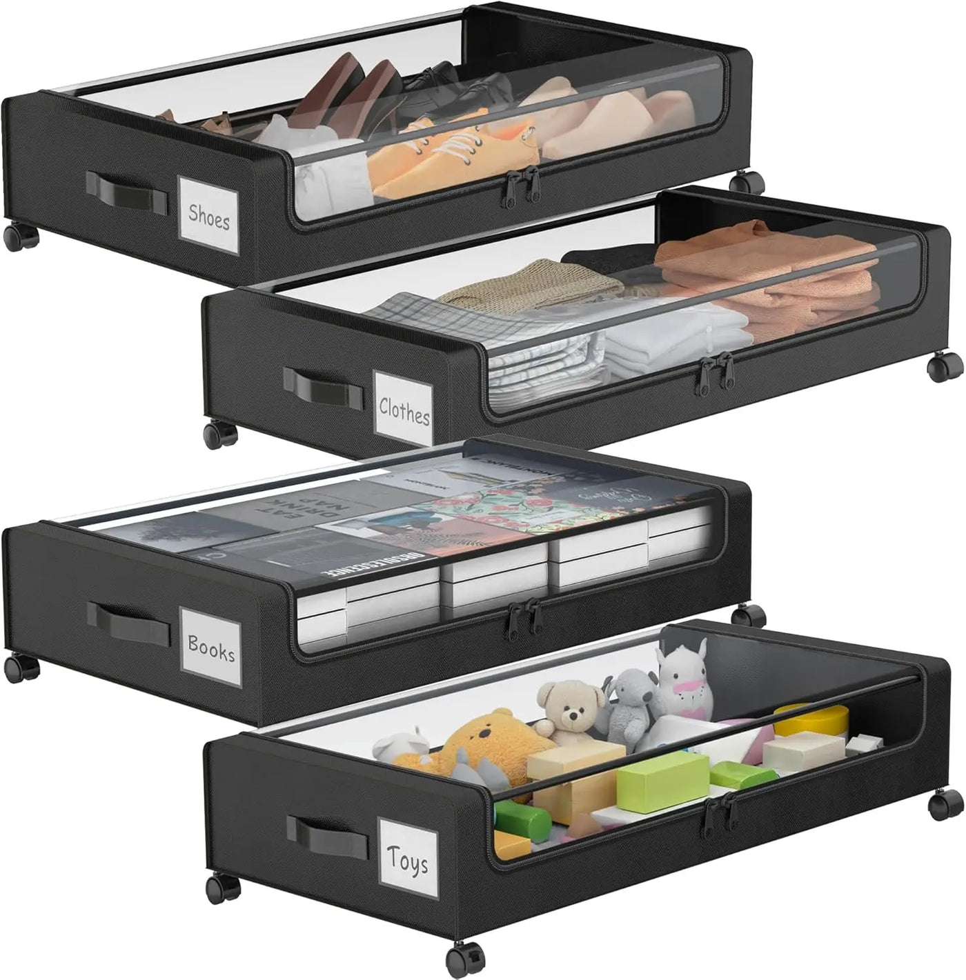 4-Pack XXL 60L Under Bed Storage with Wheels with Clear Lids - Rolling Drawers & Bins for Clothes,Shoes,Toys,(Black)