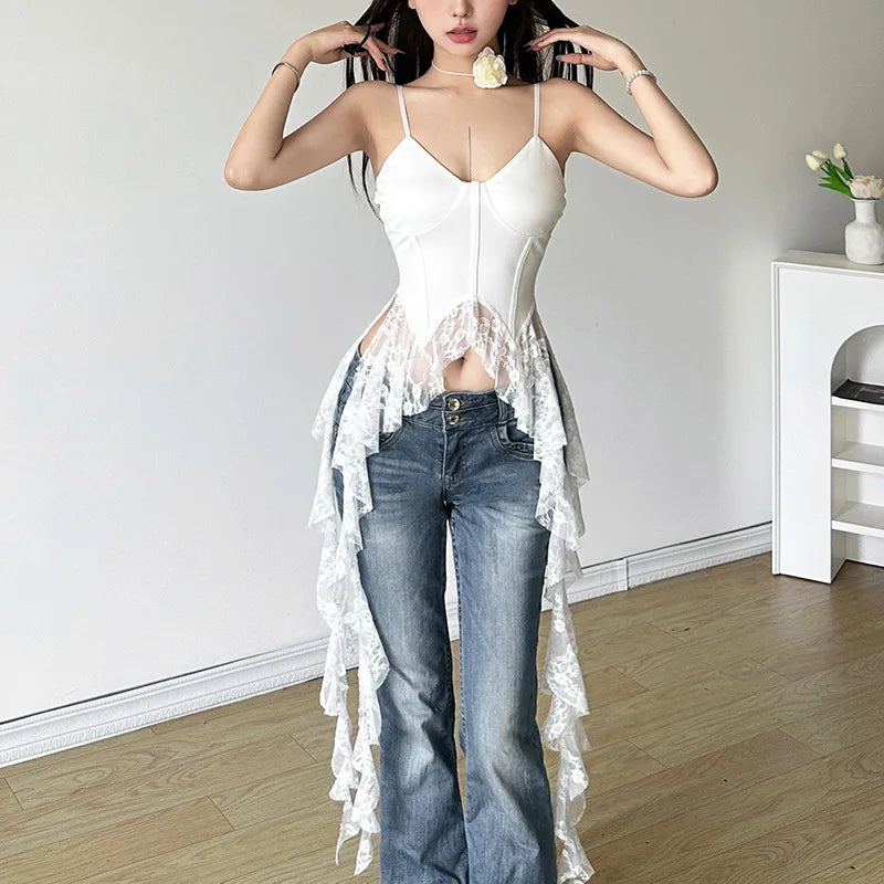 2025 Y2k Aesthetic Irregular Lace Ruffled Tank Top Women Sexy Skinny Design Corset Stretch Tube Streetwear Bandage Grunge Tanks