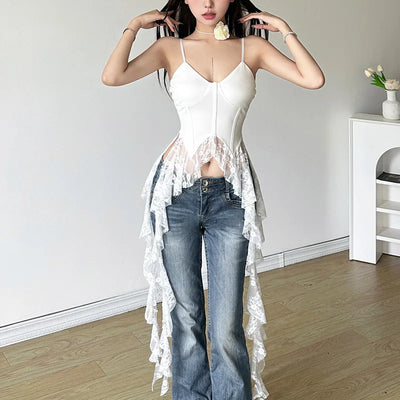 2025 Y2k Aesthetic Irregular Lace Ruffled Tank Top Women Sexy Skinny Design Corset Stretch Tube Streetwear Bandage Grunge Tanks