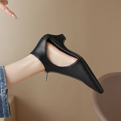 Kaky's new pointed hollow mesh oversized high New Pointed Zipper Cowhide Mid Heel Hollow out Women's Single Shoe High Top Shoes