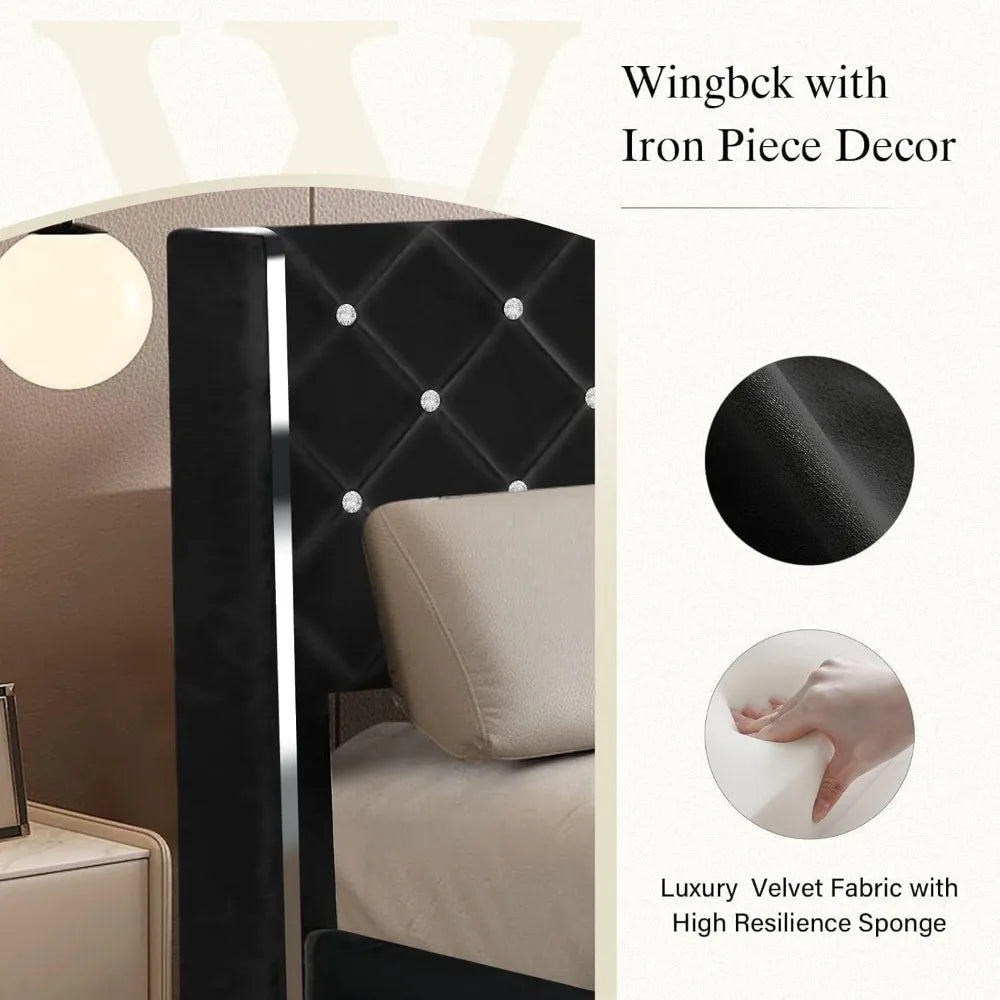 Queen Bed Frame with Headboard, Velvet Upholstered Bed with Wingback and Diamond Tufted Design, Wood Slat Support, No Box